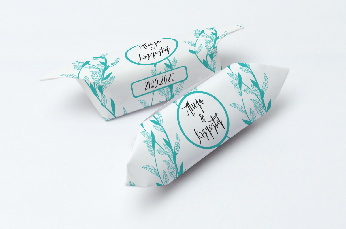 krówki na ślub i wesele niebieskie gałązki