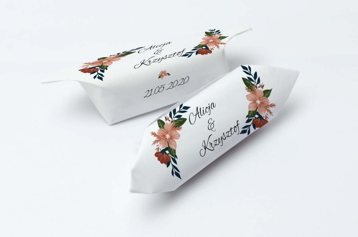 Krówki na ślub i wesele kwiaty liście zielone białe