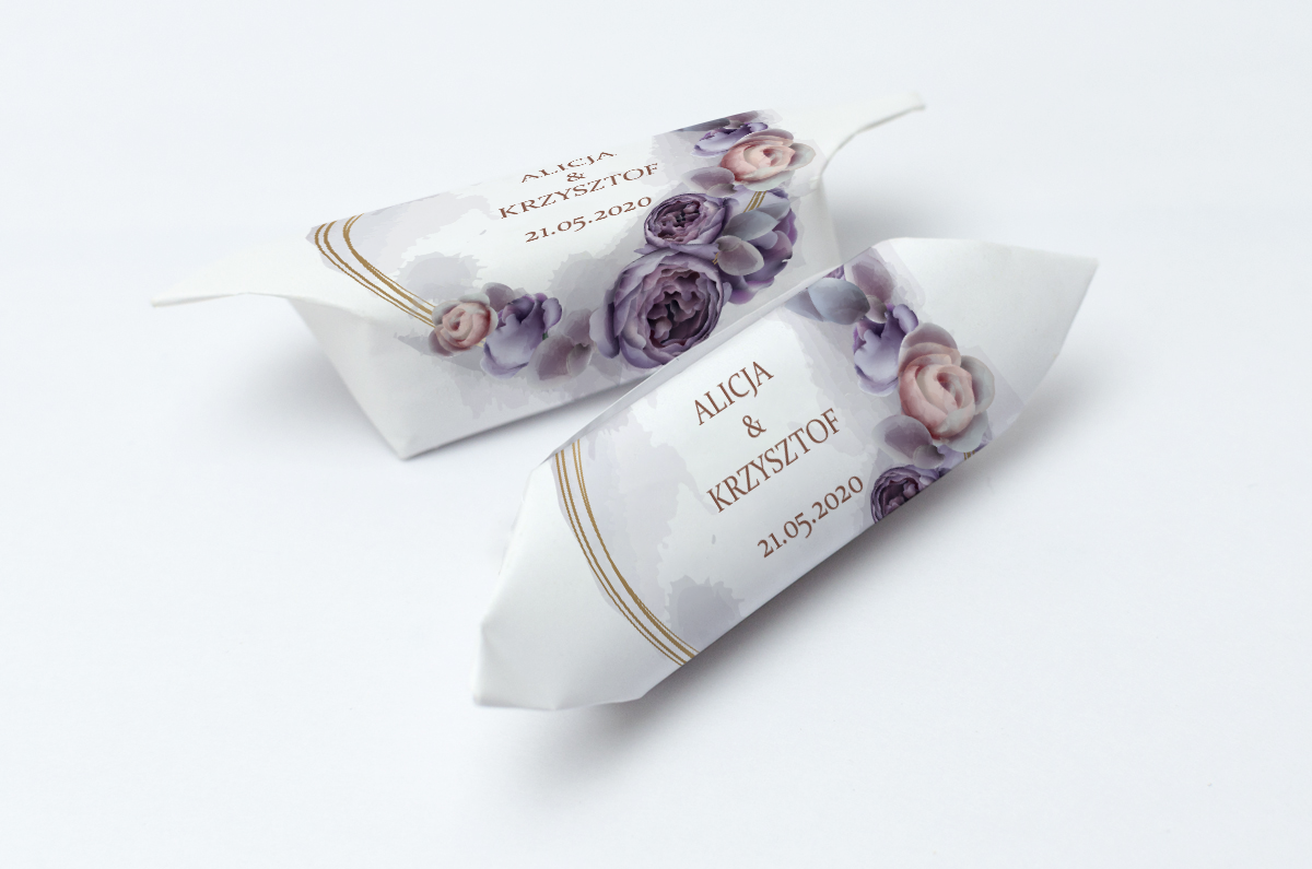 Krówki na ślub i wesele fioletowe kwiaty