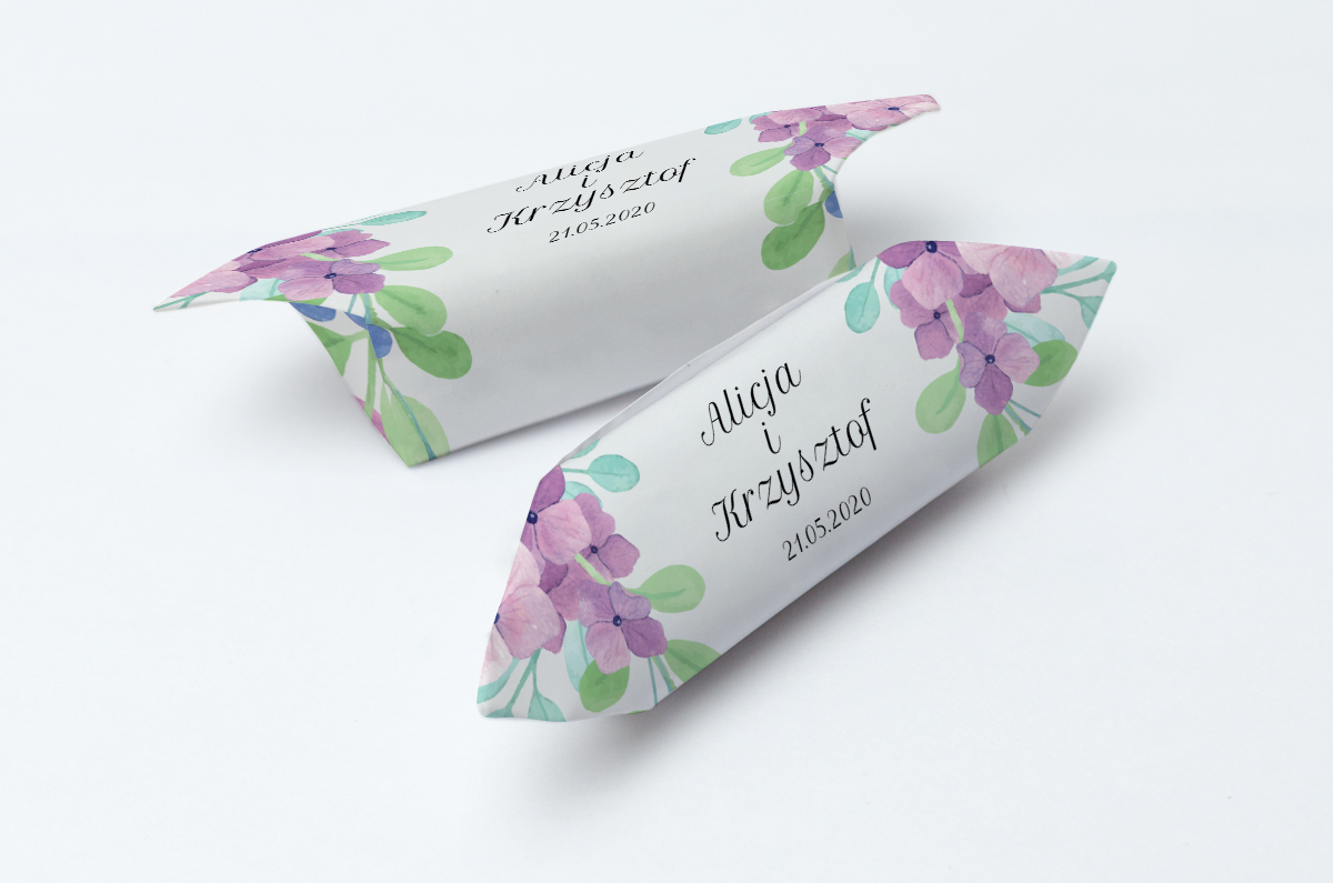 Krówki na ślub i wesele fioletowe kwiaty