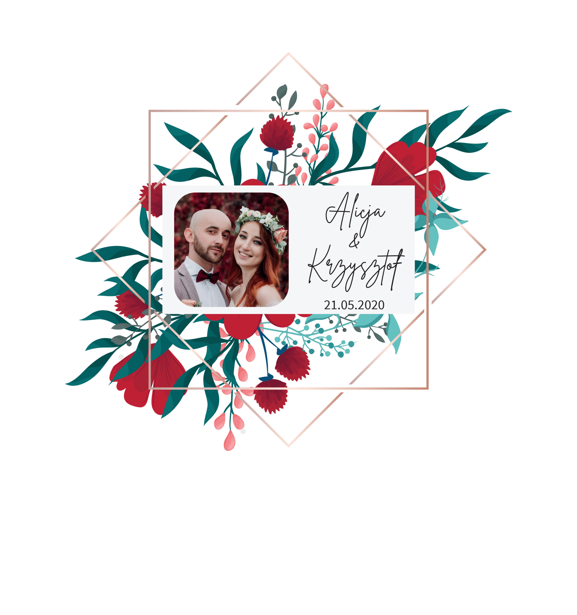 Krówki na ślub i wesele ze zdjęciem bordowo niebieskie kwiaty