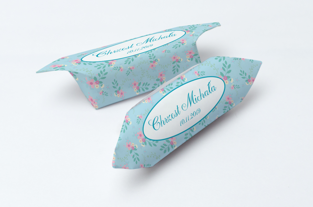 krówki na chrzest niebieska w kwiaty