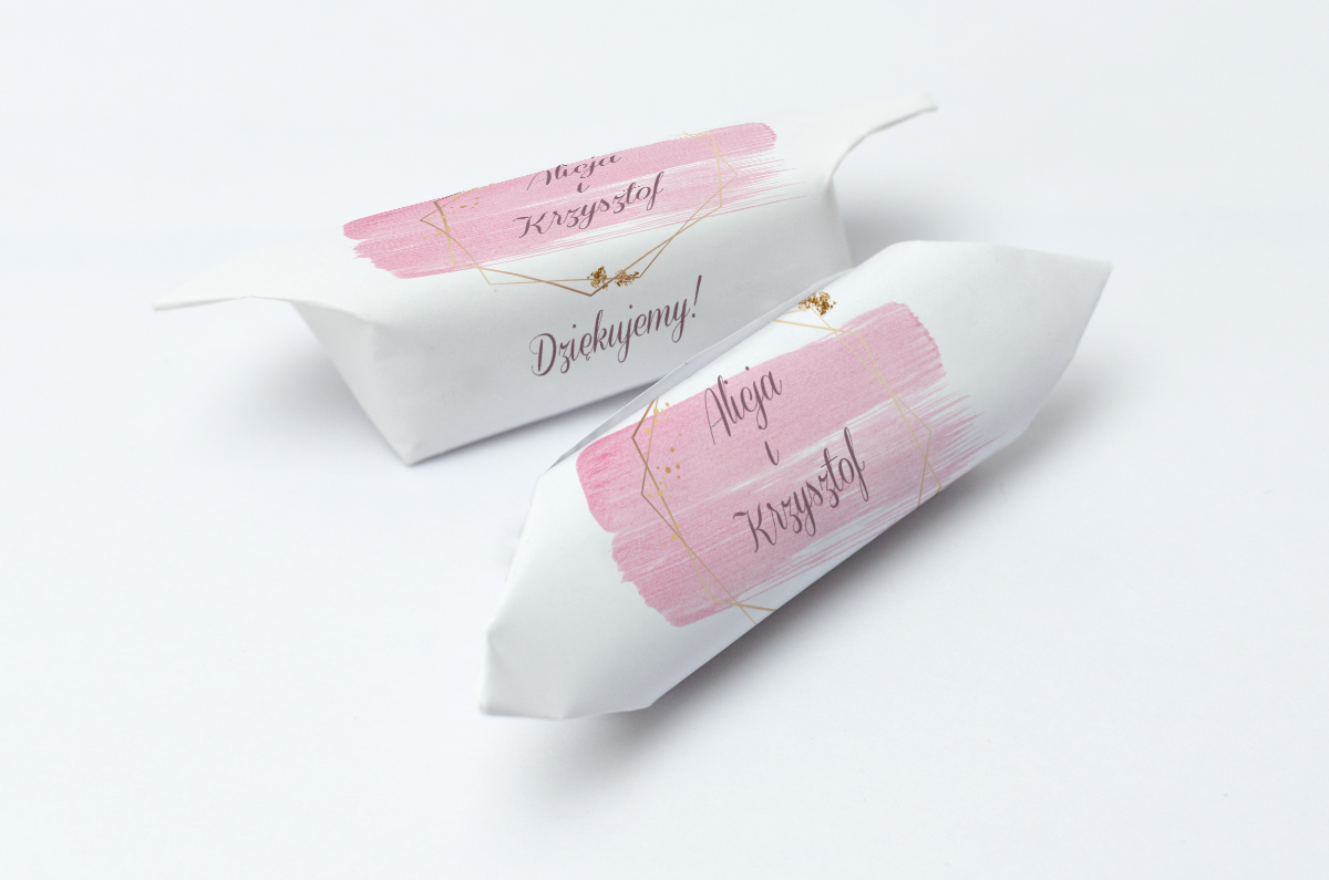 Krówki na ślub i wesele różowa plama złota ramka