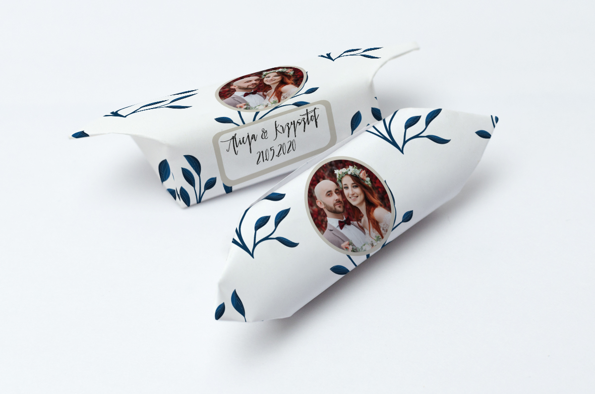 krówki weselne ze zdjęciem listki niebieskie