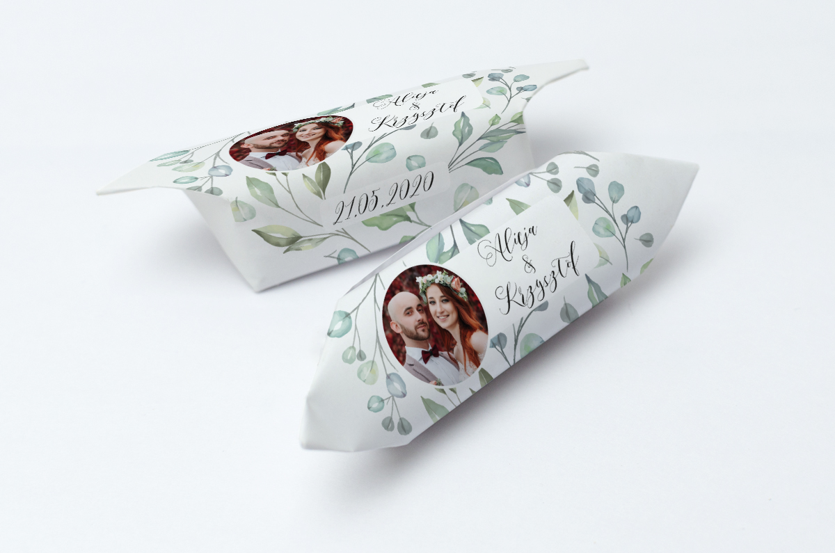 krówki weselne ze zdjęciem zielone listki