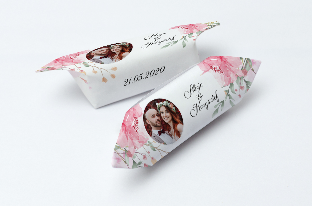 krówki weselne ze zdjęciem różowe kwiaty